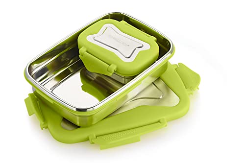 Image of STEELLOCK Smart Stainless Steel Tiffin Lunch Box for Kids and Adults 2pc Set | Airtight & Leakproof | Rectangle Combo for School & Office with Steel Lid | (1pc - 750ml & 1pc - 170ml) Green