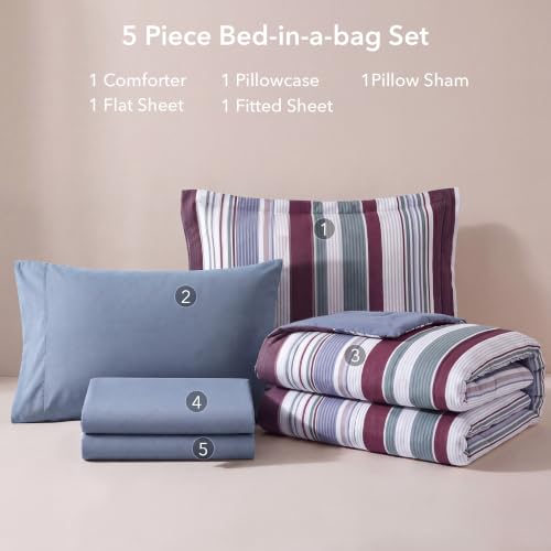 Image of Monbix Twin XL Comforter Set-5 Pieces Soft Bed in a Bag Twin Bedding Sets | Monbix All-Season Channel Quilted Comforter with Sheets, Pillow Sham & Pillowcase, Burgundy-Stripe