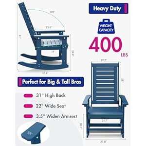 Outdoor Rocking Chairs Set of 2 Porch Rockers HDPE Plastic Blue Oversized Patio Rocker Chair High Back for Big Man Weather Resistant for Outside Deck Balcony Front Backyard