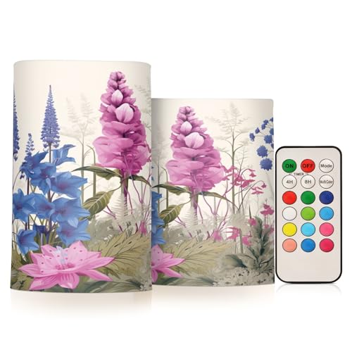 Kigai Watercolor Flowers Flameless Candles with Remote Control and Timer,Battery Operated LED Pillar Candles Adjustable Brightness for Ourdoor Indoor Use,Home Decor,2 Pack