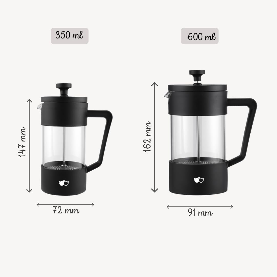 Cafetière à piston W&M en verre borosilicate et acier inoxydable, triple filtre - Noir