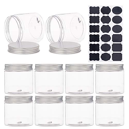 BENECREAT 9 Pack 6.7oz Large Clear PET Plastic Storage Containers Jars with Aluminum Screw Caps, 1 Sheet Sticker Label for Cosmetics, DIY Arts Crafs, Beads, Dry Food Snacks