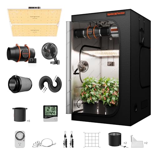 Spider Farmer Grow Tent Kit Complete 4x4ft SF4000 Dimmable Samsung LM301H EVO LED Diodes, 450W Complete System 4x4x6.6 Grow Tent Set 48"x48"x80" with 6" Ventilation System & 6'' Clip Fan Spider Farmer Grow Tent Kit Complete 4x4ft SF4000 Dimmable Samsung LM301H EVO LED Diodes, 450W Complete System 4x4x6.6 Grow Tent Set 48"x48"x80" with 6" Ventilation System & 6'' Clip Fan