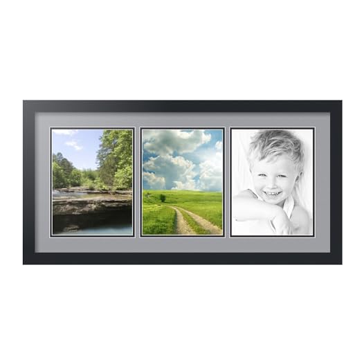 ArtToFrames Collage Picture Frame 3 Opening 3-8x10.5 Photo Frame | Made in USA | Black Frame Silver and Black Mats | Wall Mount Multi Photo Display 32X16.5 Full Size