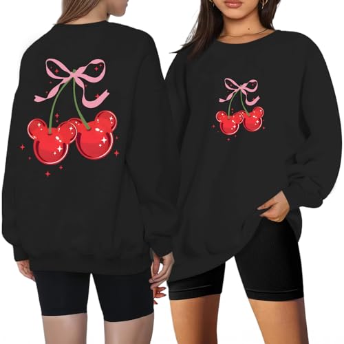 Vieawfi Magical Sweatshirts for Women Oversized Cherry Bow Graphic Long Sleeve Shirt Holiday Vacation Cute Pullover Tops(Blacks L)