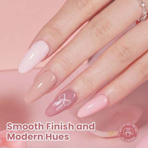 Image of Beetles Pink Gel Polish Set - Clean Girl Pink, 6 Colors Nude Gel Polish Kit with Swatch Card, Bow Nail Art Soak Off Uv Gel Manicure Nail Art Design DIY Home Salon