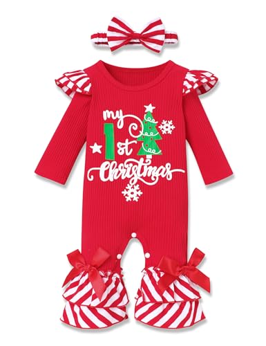 Image of Perdeca My First Christmas Baby Girl Outfit - Infant Christmas Romper Cute Lantern Sleeve Jumpsuit