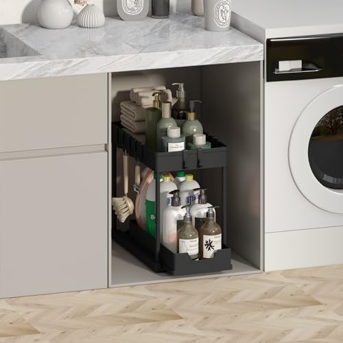 Meltrck Spülschrank Organizer - Unter Waschbecken Regal Organizer - Ausziehbares Lagerregal Organizer mit 8 Haken,Schwar (Schwar) – Ansicht 5