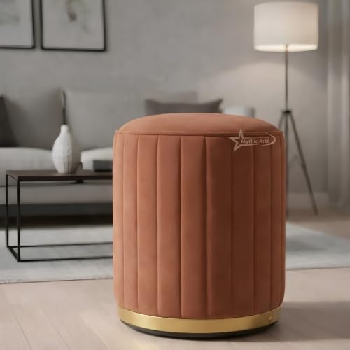 Image of Upholstered Round Linen Strip Stool Living Room Foot Rest Office Stool Pouf Ottoman Padded Seat (Coffee)