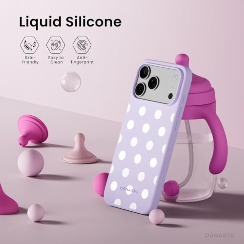 Image of ORNARTO for iPhone 17 Pro Max Case, Liquid Silicone, Purple White Polka Dot | 4-Layer Liquid Silicone Rubber, Soft Touch Feel, Slim Shockproof Case, Raised Edges, Anti-Scratch, Microfiber Lining