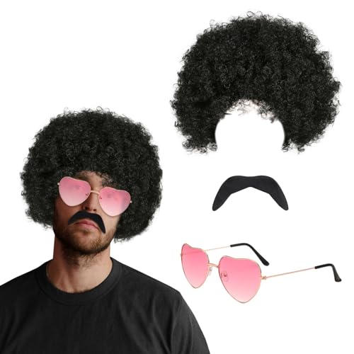 FUIPVGI Funky Afro Wig, 3 pièces accessoires de coiffure hippie rétro des années 70, lunettes hippie moustaches...