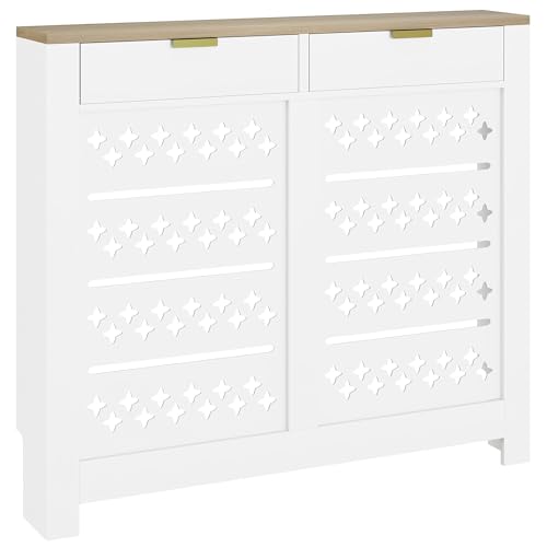 HOMCOM Cubreradiador con estantes abatibles, cubreradiador con estampado cruzado y estante superior, para salón, dormitorio, pasillo, 108 x 19 x 95,5 cm, blanco