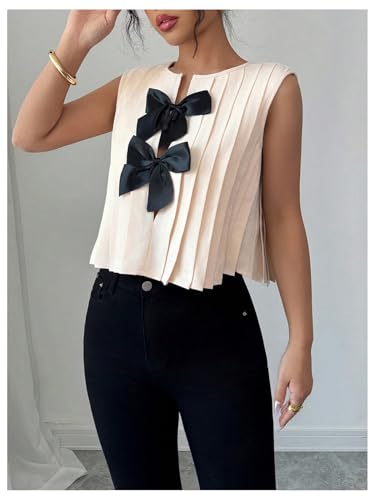 SHENHE Women's Summer Sleeveless Bow Blouse Pleated Dressy Casual Crop Blouse Top Shirt2