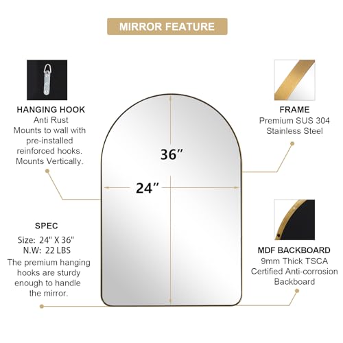 Image of ANDY STAR Arched Mirror, 24 x 36 Inch Gold Wall Mirror in Stainless Steel Metal Frame, Arch Top Rounded Corner 1 Inch Deep Set Design Wall Mount Hangs Vertical