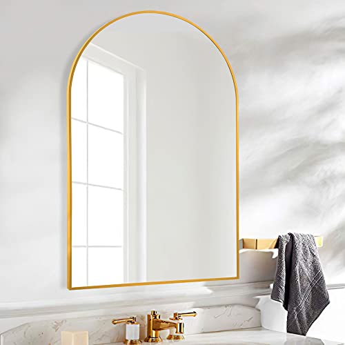 Image of NeuType Arched Wall Mirror, 36 inchx24 inch, Full Length - Hanging or Leaning, Large Bedroom - Aluminum Alloy Thin Frame, Gold