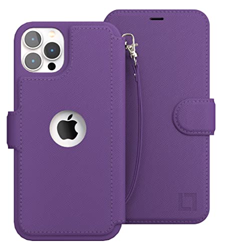 Image of Compatible With iPhone 12 Wallet case for Women & Men - 12 Pro case with Card Holder [Slim and Durable] Faux Leather - Flip Cell Phone case, Folio Credit Cover - Purple [Includes Wristlet]