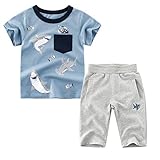 [KISBINI] 子供服 夏服 男の子 半袖Ｔシャツ+ハーフパンツ2点 綿 サメ柄 ボーイズトップ+パンツ 上下セット 男児 普段着 キッズ カジュアル 部屋着 110