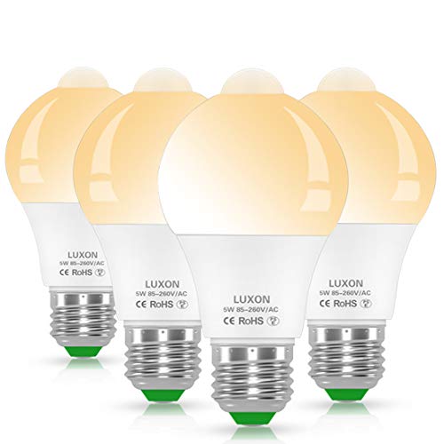 Motion Sensor Light Bulb 5W Smart LED Bulbs PIR Detector Lamp Dusk to Dawn Night Lights E26 Base Indoor Outdoor Light Bulbs Soft White 2700K for Wall Lighting Garage Porch Stairs Hallway Pack of 4