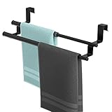 Kitchen Towel Holder Over Cabinet Towel Bar Rack, Expandable 2 Tier Over The Cabinet Door Towel Rack for Universal Fit on Inside or Outside of Cupboard Doors, Stainless Steel, Black