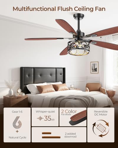 Image of Ceiling Fans with Lights and Remote, 52'' Vintage Caged Ceiling Fan with Light, 5 Blades, 6+1 Speed, Flush Mount Ceiling Fan Whisper-quiet for Farmhouse, Living Room, Kitchen and Porch (52 Inch)
