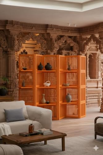 Image of Wooden Room Divider Partition Wall Privacy Divider Freestanding Folding Panels with 3 Display Shelves | Partition for Living Room, Bedroom & Office | (6 Feet 6 Panel Orange with Shelve)