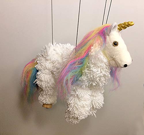 White Unicorn with Rainbow Mane Yarn Pom-Pom Marionette