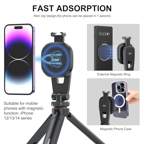 Image of VRIG MG-03 Magnetic Phone Tripod Mount for iPhone and MagSafe Cases | 360 Rotation Cold Shoe, Camera Phone Mount Compatible with iPhone 17 16 15 14 13 12 Series, Phone Holder for Camera, Tripod