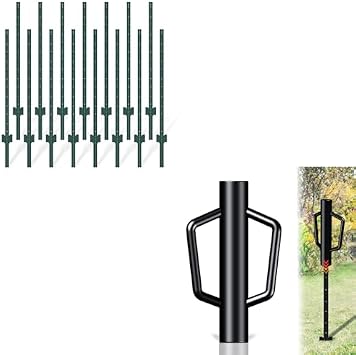 Metal Fence Post 4 Feet Green, Pack of 15 Bundle Post Driver 12LB