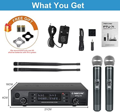Wireless Microphone System, Phenyx Pro Dual Channel Cordless Mic Set With 2 Handhelds, 2x100 Channels, Auto Scan, Lock Function, 328ft Coverage, Ideal for DJ, Church, Events(PTU-71A)