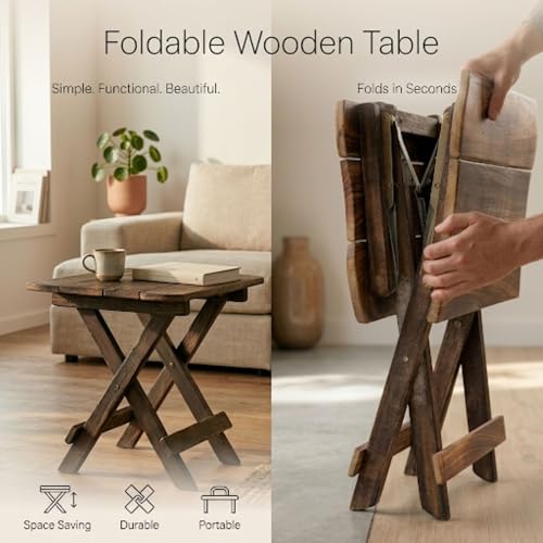 Image of Foldable Wooden Side Table for Living Room, Bedroom | Solid Wood End Table | Portable Coffee Table | Laptop Table | Bedside Table | Space Saving Small Table for Home, Balcony, Office (Rustic Finish)