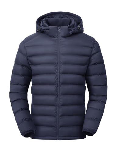 TBMPOY Men's Lightweight Puffer Down Jackets Detachable Hood Water-Resistant Winter Coat Hooded Insulated for Travel Ski Navy L