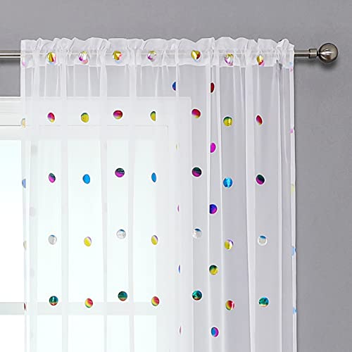 White Sheer Curtains For Bedroom 63-Inch Metallic Polka Dot Printed Window Curtain Panels For Nursery Kids Room No See Through Cute Voile Curtains Drapes For Girls Bedroom, Rod Pocket 52" W 2Pcs #TOP2