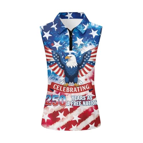 Spowatriy Eagle American Flag Women's Sleeveless Golf Shirts Tennis Tank Tops Racerback with Half Collar Athletic Shirt Quick Dry