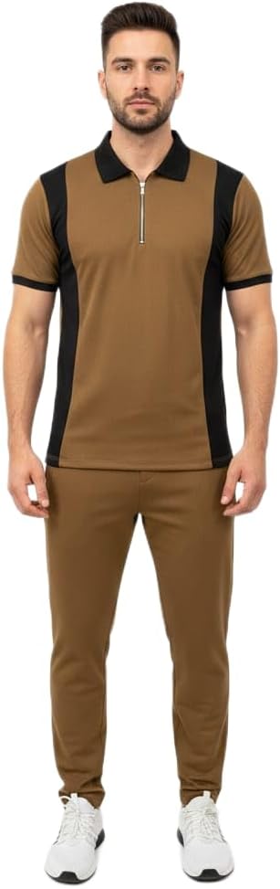Men's Tracksuit Set, Slim Fit Polo T-Shirt with Track Pants, Camel Brown and Black Color Block, Breathable Activewear for Gym Running Workout (IN, Alpha, L, Regular, Brown)
