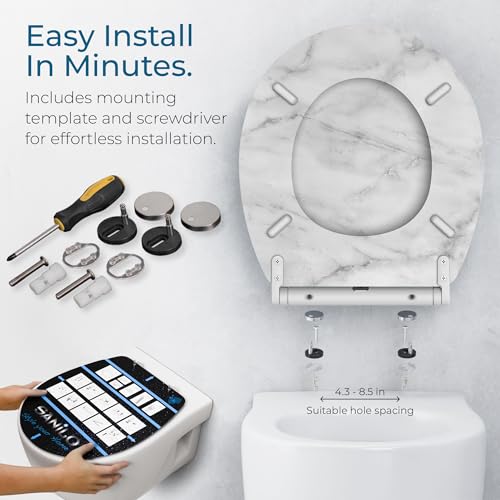 Image of Sanilo Wooden Toilet Seat with Quick Release & Soft Close [ROUND] - Decorative & Slow Close Molded Wood Seat - With One Click for Easy Installation & Cleaning - With Adjustable Fit (Marble)