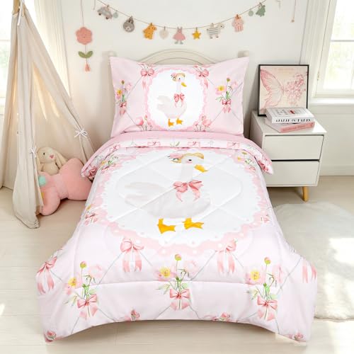 Image of Toddler Bedding Set for Girls, Kids Comforter Set Pink Reversible, Ultra Soft & Lightweight Crid Bedding Set Includes Comforter, Flat Sheet, Fitted Sheet, Pillowcase