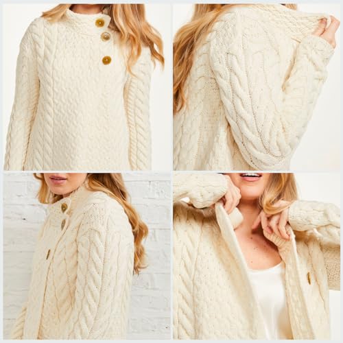 Womens Irish Cable Knitted Cardigan,100% Supersoft Merino Wool, Asymmetrical Design with Corozo Buttons4