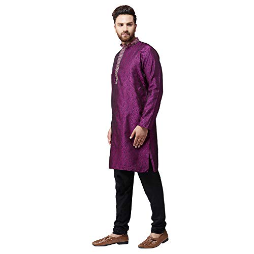 Image of SOJANYA (Since 1958 Mens Maroon Jacquard Silk Kurta and Black Churidaar Pyjama Set