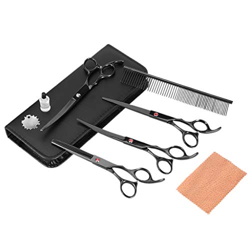 Dog Grooming Scissors Kit, Titanium Coated Stainless Steel Pet Grooming Trimmer, Safety Round Tip, Straight Scissors with Grooming Comb, Grooming Shears for Dogs and Cats, Thinning Shear (Upgrade)