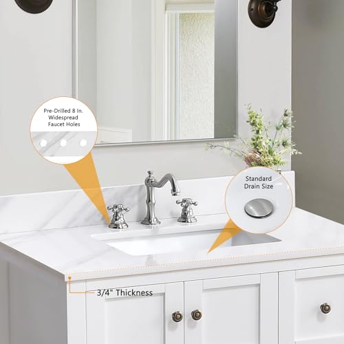 EQLOO 36 in. W x 22 in. D Vanity Top, Engineered Stone Vanity Top with Sink in Venice White, Rectangular Center Sink Top, 8 in. Faucet Hole Spacing and Backsplash Bathroom Sink Top - Thumbnail 3