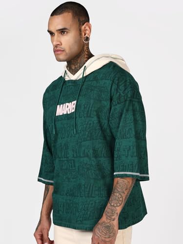 Image of Bewakoof Official Marvel Merchandise Men's All Over Printed Oversized Fit Extended Sleeve Hooded Pure Cotton T-Shirt