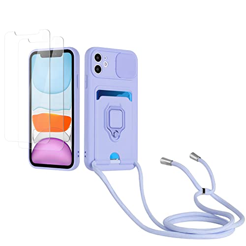 Kaslly Funda con Cuerda para iPhone 12/iPhone 12 Pro+[2 Pack Protector Pantalla],Case con Ranura para Tarjetas,Cubierta de Cámara Deslizante Proteger,Doble Cara Protección-Púrpura