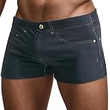 PINKY SENSON Men's Square Leg Swim Trunks Realistic 3D Denim Print Swimwear Jammers Stretch Lightweight for Water Sports Black XL