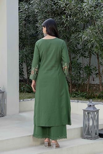 Image of Pistaa's Women Cotton Elegant Off-White Floral Embroidered Sleeves Kurta Palazzo Set