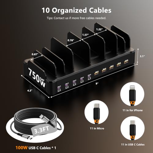 Image of 750W Charging Station for Multiple Devices, Zobirez 10-Port Fast Charger, 5 USB-C 120W Each and 5 USB-A 30W Each, Desktop Charging Hub for Laptop Phone Tablet, Black