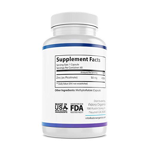 Adora Organics Zinc High Potency, No Gmo, Vitamins For Good Skin, Immune Support Supplement & Antioxidant, Vegan, 50Mg Per Servings, 60 Capsules, Unflavoured #TOP2