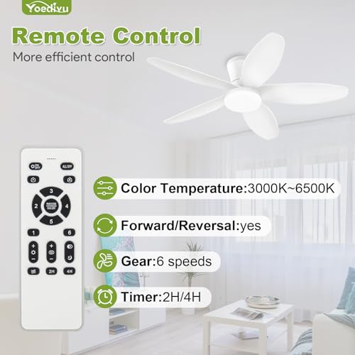 Image of White Ceiling Fan with Light, 42 Inch Low Profile Flush Mount Ceiling Fan 6-Speed Wind, Quiet Reversible DC Motor, 3 Color Dimmable Lighting, Small Ceiling Fans for Living Room /Kitchen /Bedroom