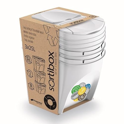 Set de 3 cubos de basura KEDEN SORTIBOX papelera reciclaje, blanco, volumen 3x25L