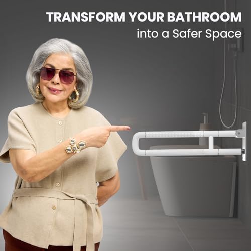 Image of AGEasy (Max Group) Stainless Steel Flip-Up Grab Bar | 17 Inch Bathroom Handle for Seniors with Anti-Slip Nylon Grip | Space-Saving Safety Bar for Shower, Toilet & Bedside