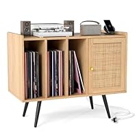COSTWAY Record Player Stand with Charging Station, Turntable Stand End Side Table with Rattan Door & Shelves for 220 Albums, Metal Legs Vinyl Record Storage Cabinet Holder for Living Room Bedroom